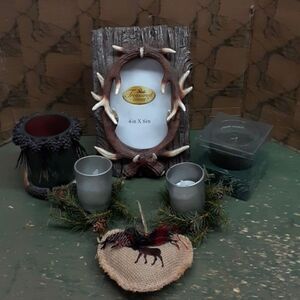 antler frame with antler adorned Pinecone holder, Rustic treasured items